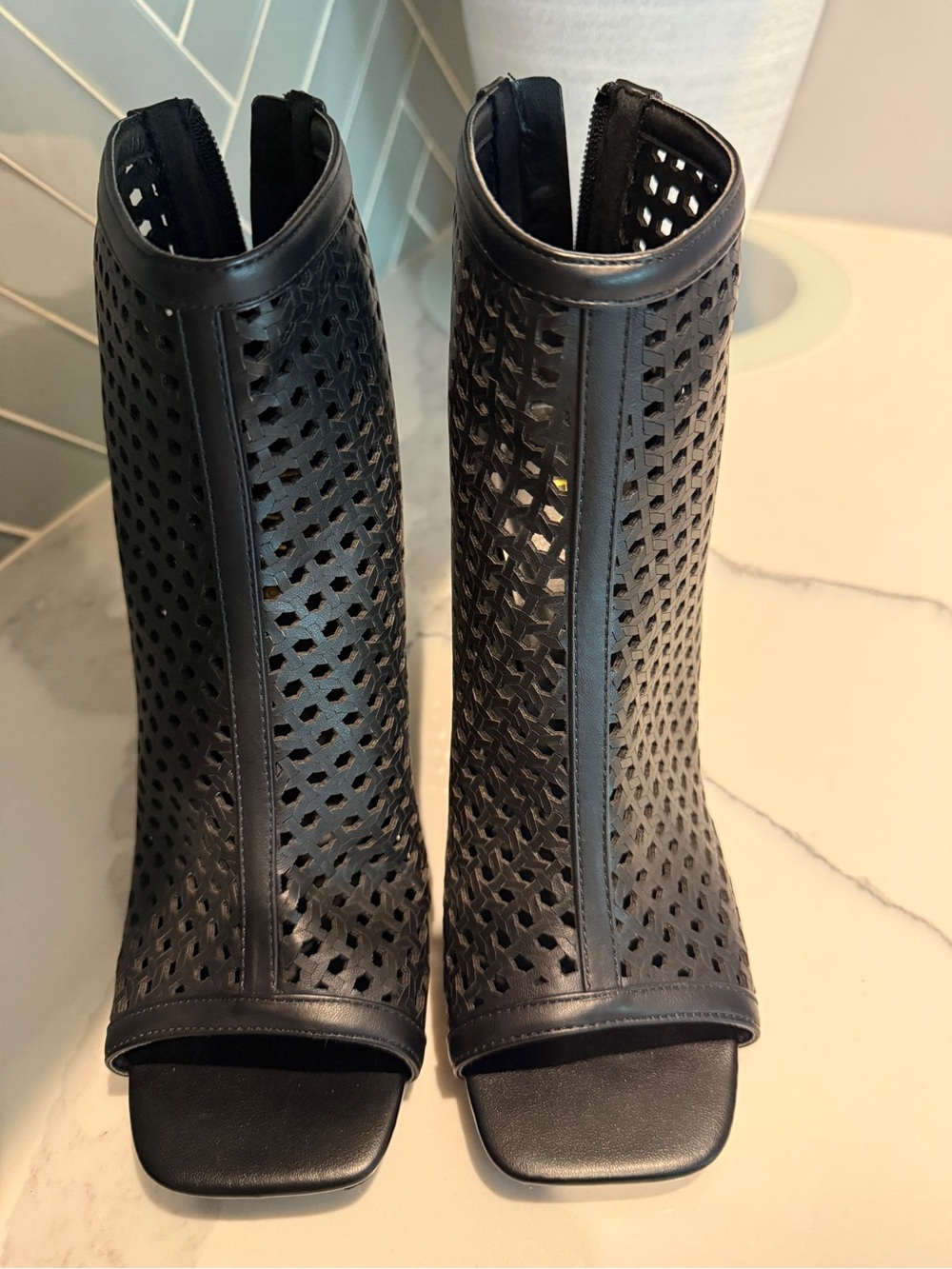 Women's Black Perforated Open-Toe Ankle Boots by Venus